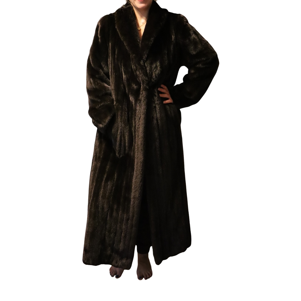 Full-Length Let-Out Dark Brown Mink Fur Coat with Original Garment Bag